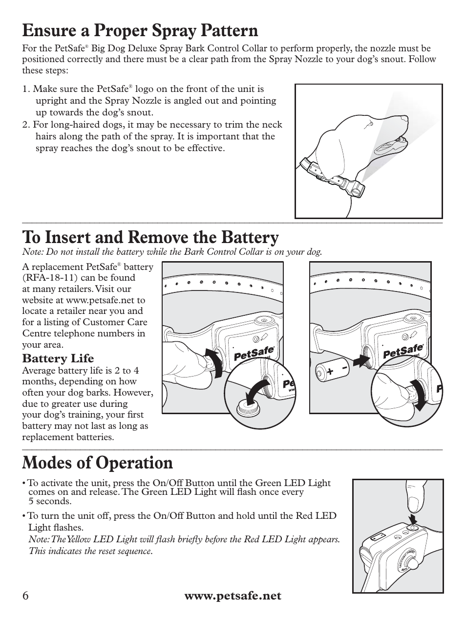 Ensure a proper spray pattern, Modes of operation, Battery life | Petsafe Deluxe Big Dog Spray Bark Control Collar User Manual | Page 6 / 56
