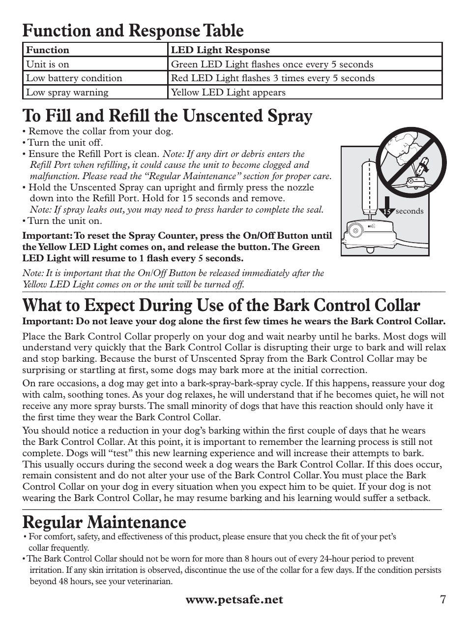 Function and response table, Regular maintenance | Petsafe Deluxe Big Dog Spray Bark Control Collar User Manual | Page 7 / 56