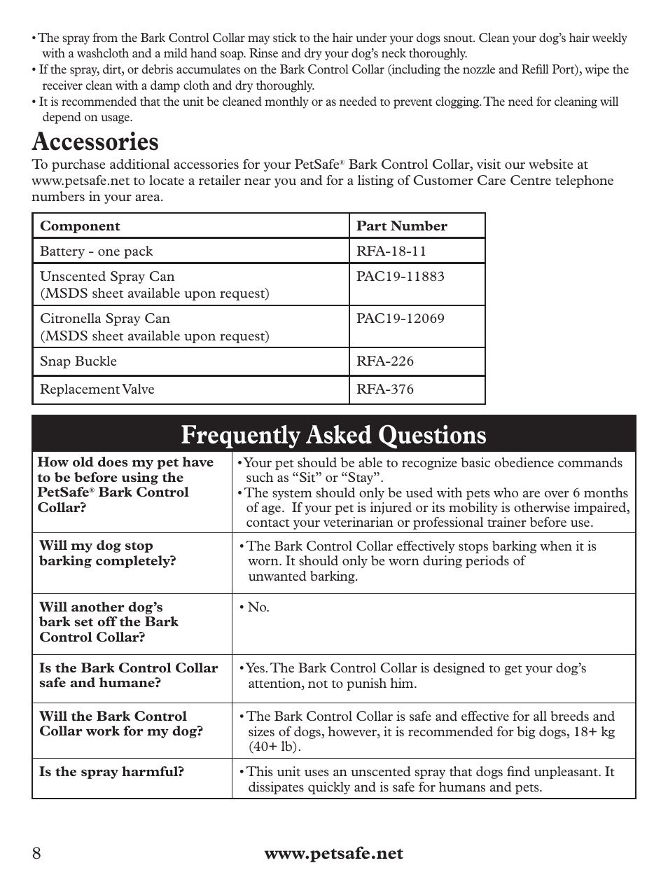 Accessories, Frequently asked questions | Petsafe Deluxe Big Dog Spray Bark Control Collar User Manual | Page 8 / 56