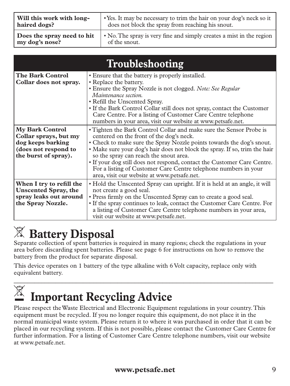 Battery disposal, Important recycling advice, Troubleshooting | Petsafe Deluxe Big Dog Spray Bark Control Collar User Manual | Page 9 / 56