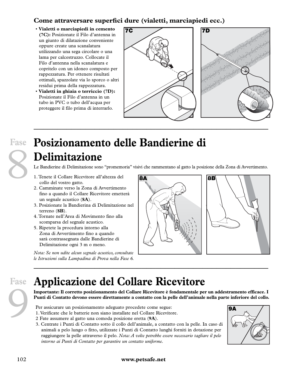 Posizionamento delle bandierine di delimitazione, Applicazione del collare ricevitore, Fase | Petsafe Deluxe In-Ground Cat Fence™ User Manual | Page 102 / 112