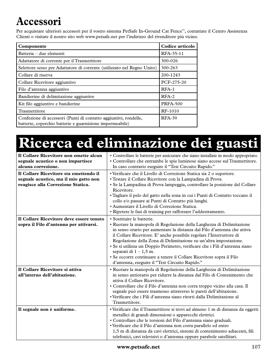 Ricerca ed eliminazione dei guasti, Accessori | Petsafe Deluxe In-Ground Cat Fence™ User Manual | Page 107 / 112