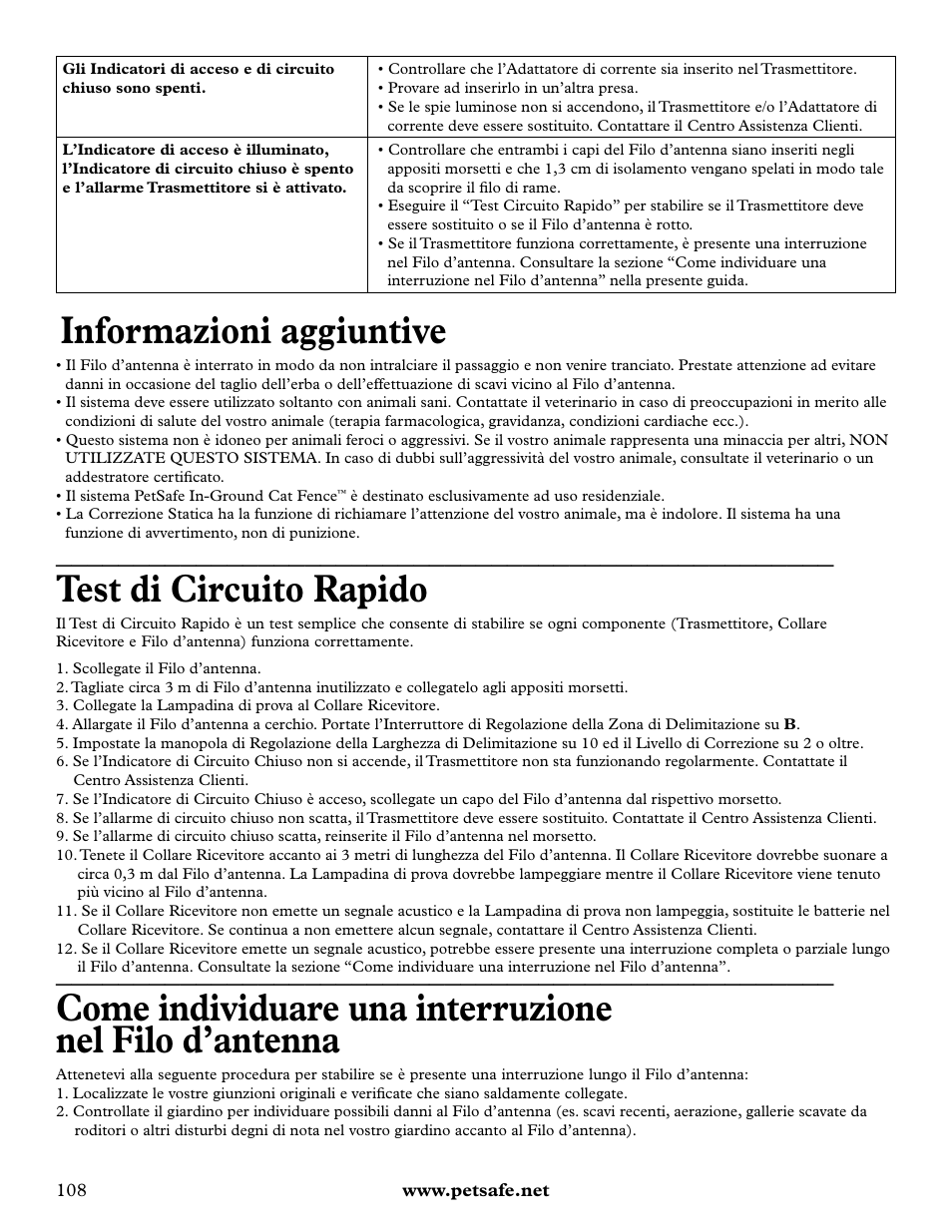 Informazioni aggiuntive, Test di circuito rapido | Petsafe Deluxe In-Ground Cat Fence™ User Manual | Page 108 / 112