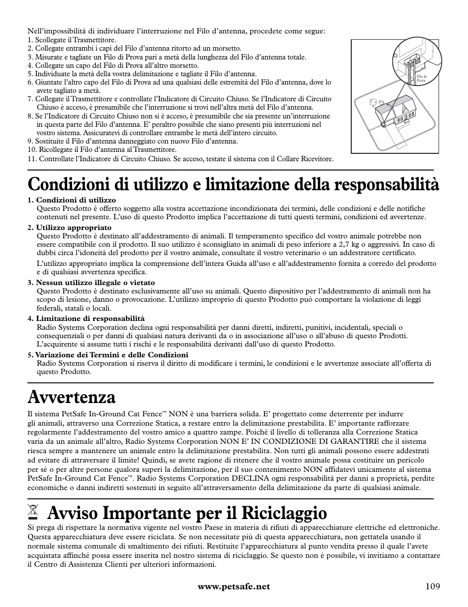 Avvertenza, Avviso importante per il riciclaggio | Petsafe Deluxe In-Ground Cat Fence™ User Manual | Page 109 / 112