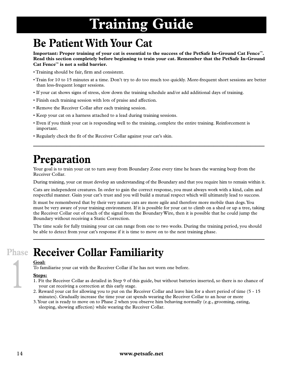 Training guide, Be patient with your cat, Preparation | Receiver collar familiarity, Phase | Petsafe Deluxe In-Ground Cat Fence™ User Manual | Page 14 / 112