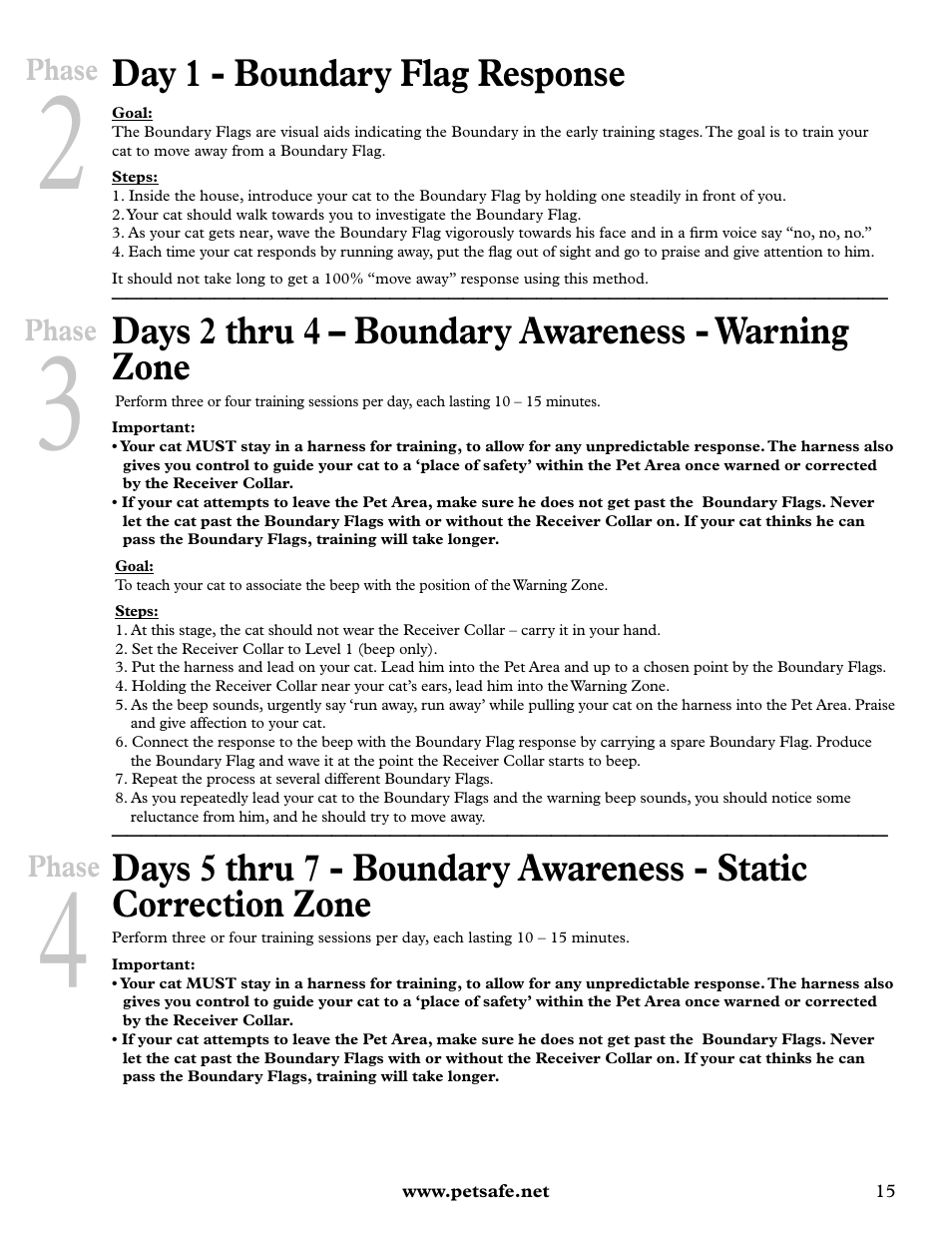 Day 1 - boundary flag response, Days 2 thru 4 – boundary awareness - warning zone | Petsafe Deluxe In-Ground Cat Fence™ User Manual | Page 15 / 112