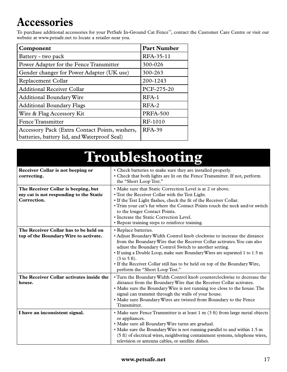 Troubleshooting, Accessories | Petsafe Deluxe In-Ground Cat Fence™ User Manual | Page 17 / 112