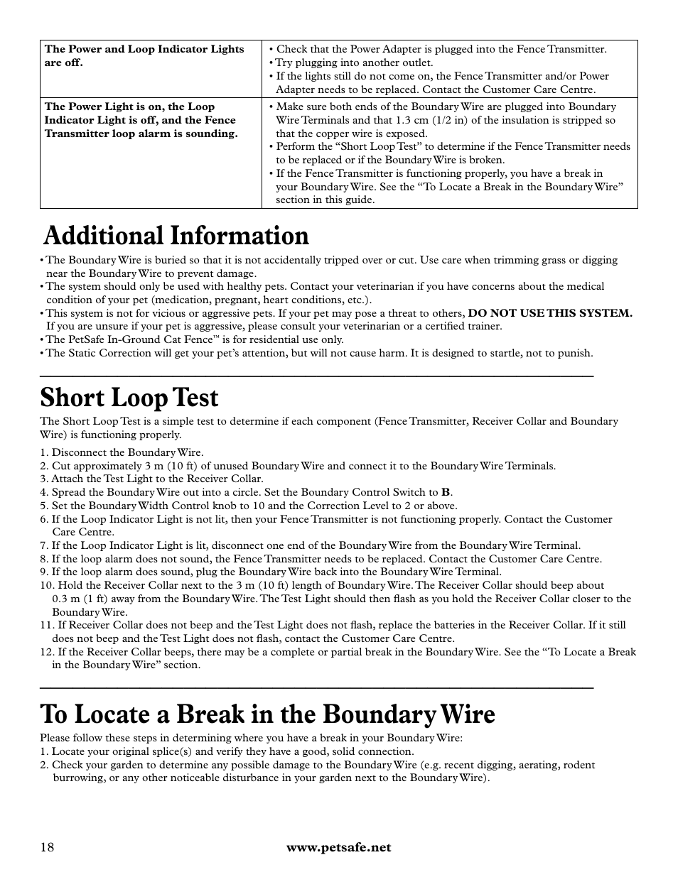 Additional information, Short loop test | Petsafe Deluxe In-Ground Cat Fence™ User Manual | Page 18 / 112