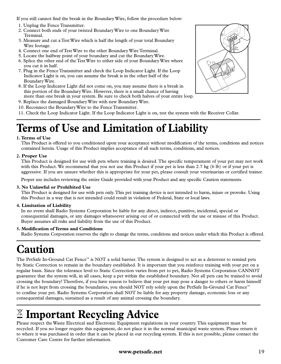 Terms of use and limitation of liability, Caution, Important recycling advice | Petsafe Deluxe In-Ground Cat Fence™ User Manual | Page 19 / 112