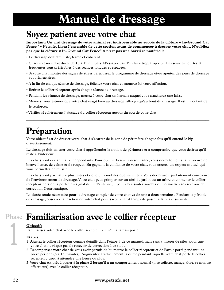 Manuel de dressage, Soyez patient avec votre chat, Préparation | Familiarisation avec le collier récepteur, Phase | Petsafe Deluxe In-Ground Cat Fence™ User Manual | Page 32 / 112