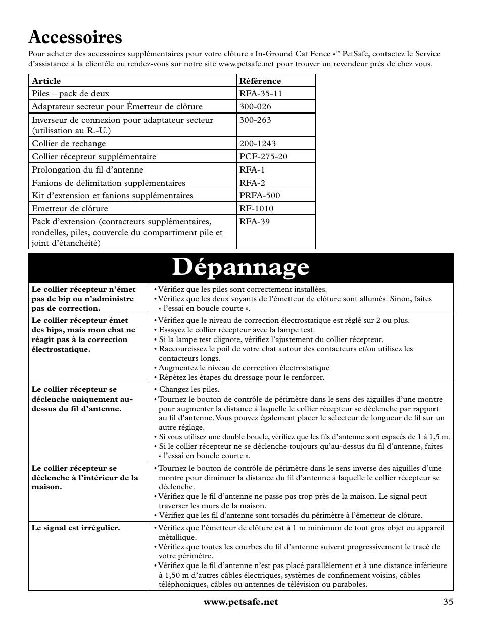 Dépannage, Accessoires | Petsafe Deluxe In-Ground Cat Fence™ User Manual | Page 35 / 112