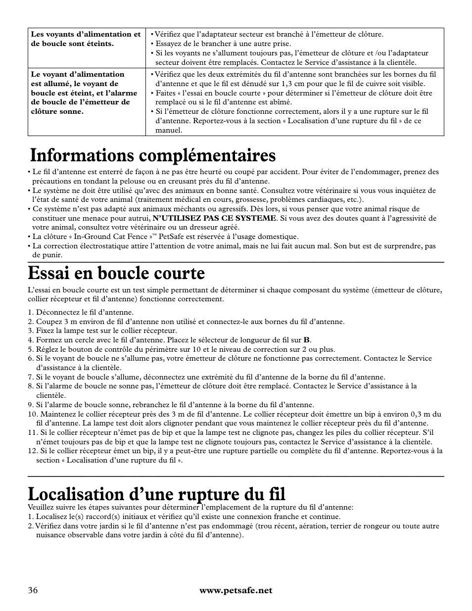 Informations complémentaires, Essai en boucle courte, Localisation d’une rupture du fil | Petsafe Deluxe In-Ground Cat Fence™ User Manual | Page 36 / 112