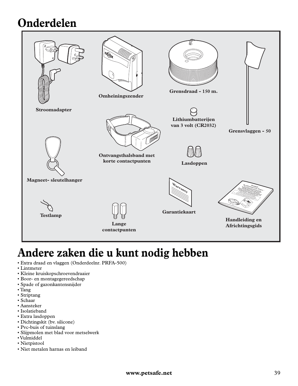 Onderdelen, Andere zaken die u kunt nodig hebben | Petsafe Deluxe In-Ground Cat Fence™ User Manual | Page 39 / 112