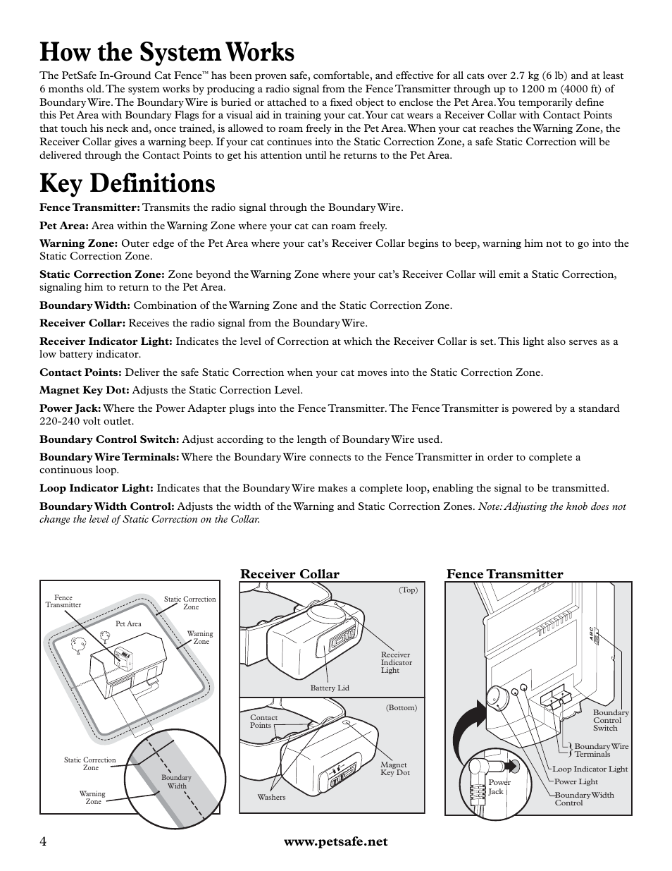 How the system works, Key definitions, Receiver collar | Fence transmitter | Petsafe Deluxe In-Ground Cat Fence™ User Manual | Page 4 / 112