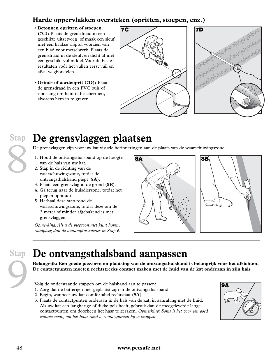 De grensvlaggen plaatsen, De ontvangsthalsband aanpassen, Stap | Petsafe Deluxe In-Ground Cat Fence™ User Manual | Page 48 / 112