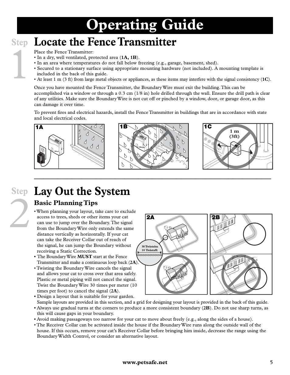Operating guide, Locate the fence transmitter, Lay out the system | Step | Petsafe Deluxe In-Ground Cat Fence™ User Manual | Page 5 / 112