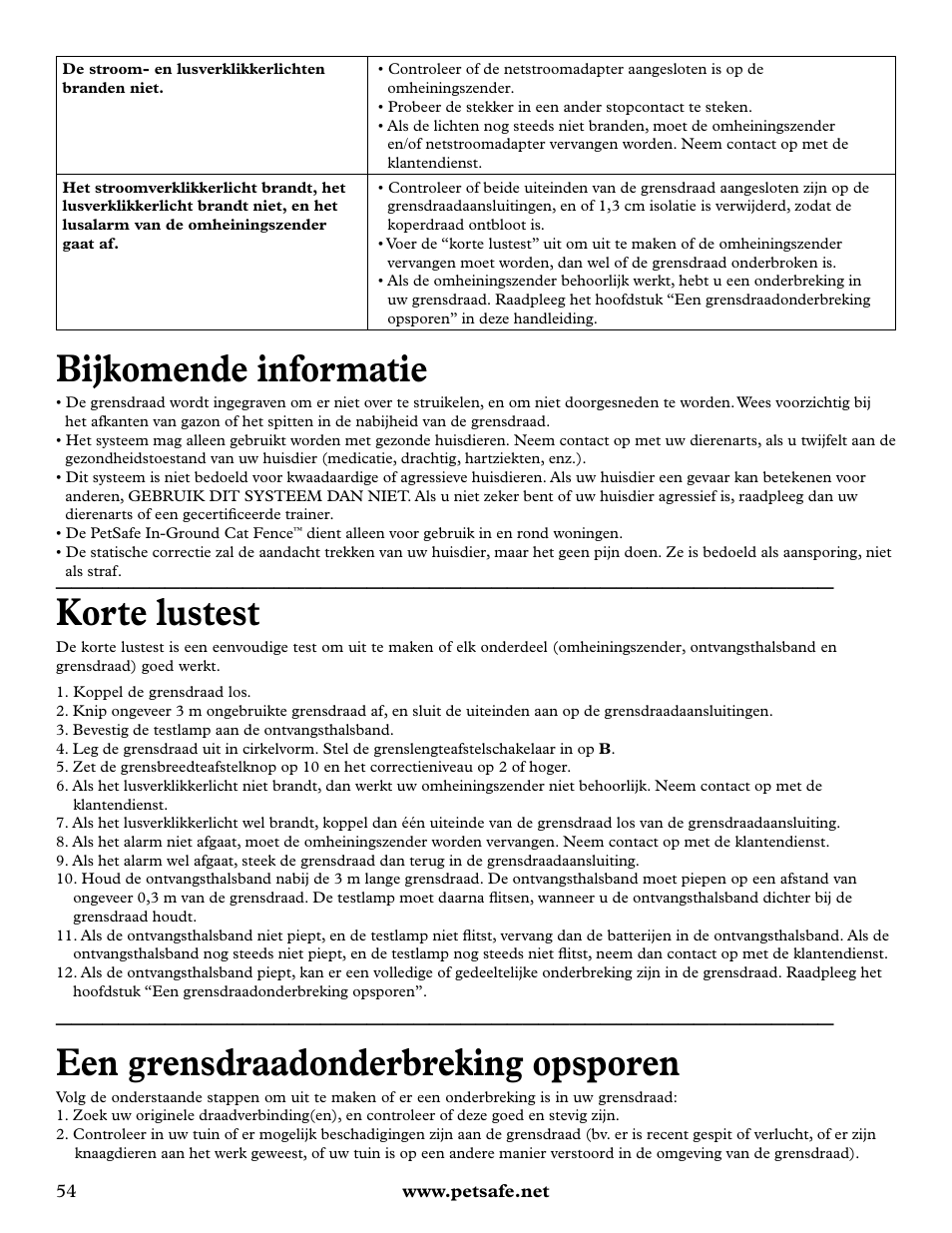 Bijkomende informatie, Korte lustest, Een grensdraadonderbreking opsporen | Petsafe Deluxe In-Ground Cat Fence™ User Manual | Page 54 / 112