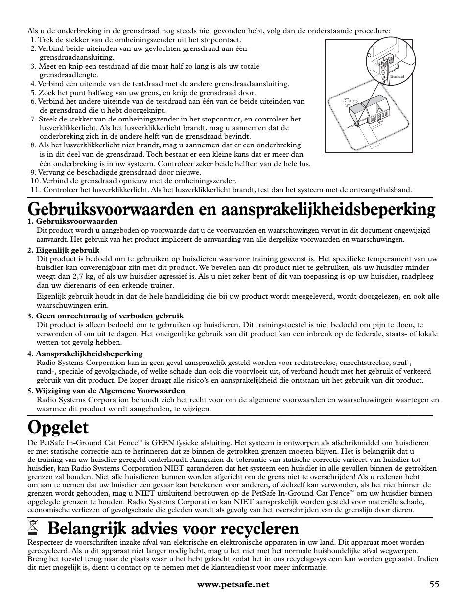Gebruiksvoorwaarden en aansprakelijkheidsbeperking, Opgelet, Belangrijk advies voor recycleren | Petsafe Deluxe In-Ground Cat Fence™ User Manual | Page 55 / 112