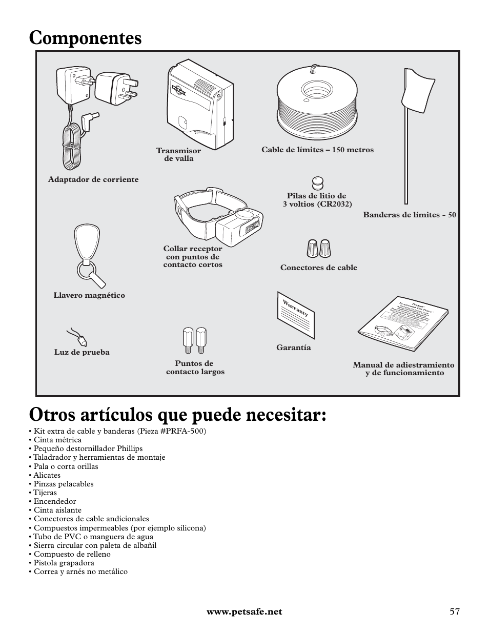 Componentes, Otros artículos que puede necesitar | Petsafe Deluxe In-Ground Cat Fence™ User Manual | Page 57 / 112