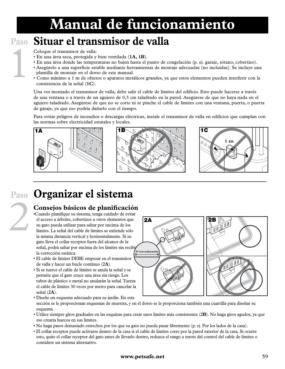 Manual de funcionamiento, Situar el transmisor de valla, Organizar el sistema | Paso | Petsafe Deluxe In-Ground Cat Fence™ User Manual | Page 59 / 112