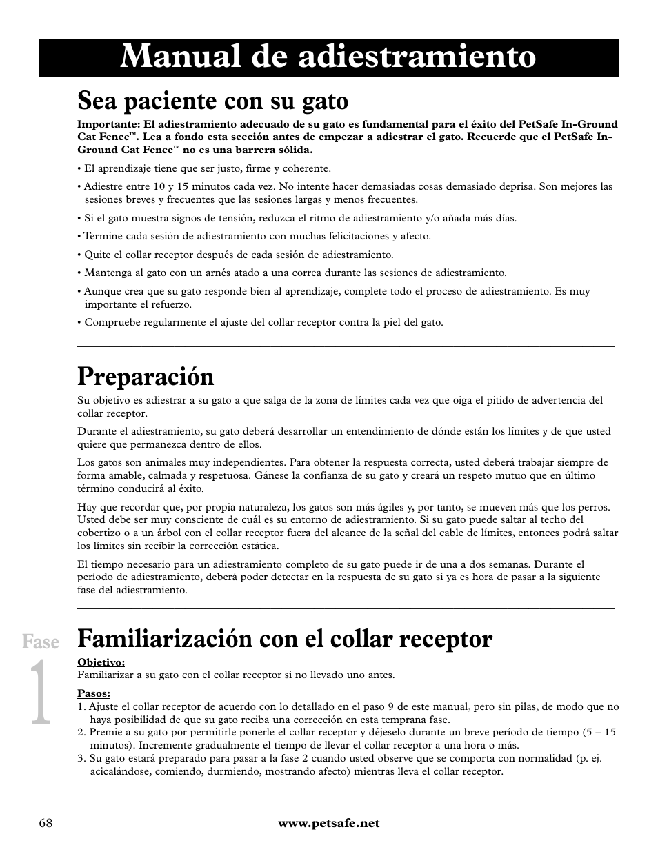 Manual de adiestramiento, Sea paciente con su gato, Preparación | Familiarización con el collar receptor, Fase | Petsafe Deluxe In-Ground Cat Fence™ User Manual | Page 68 / 112