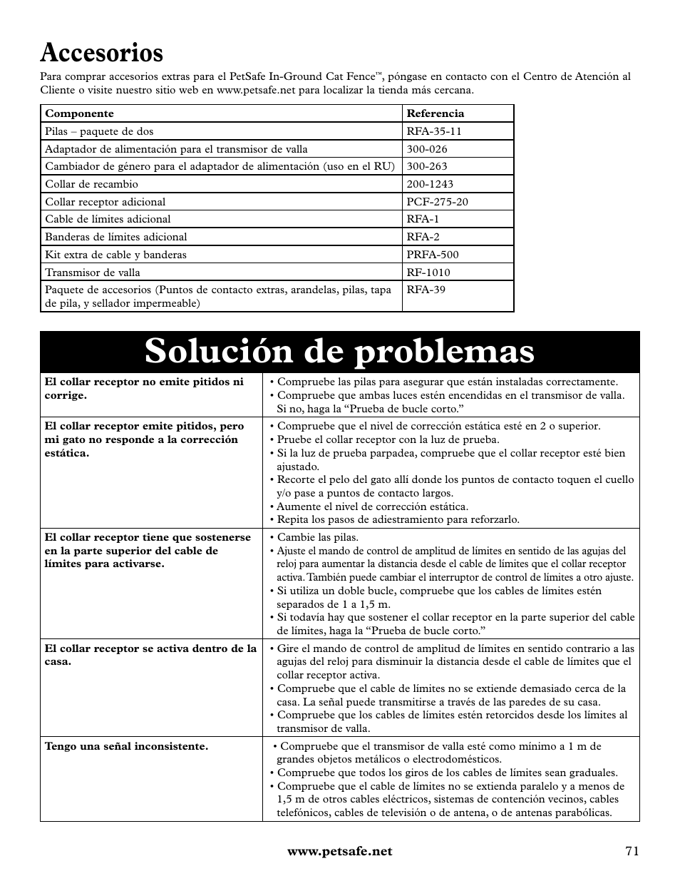 Solución de problemas, Accesorios | Petsafe Deluxe In-Ground Cat Fence™ User Manual | Page 71 / 112