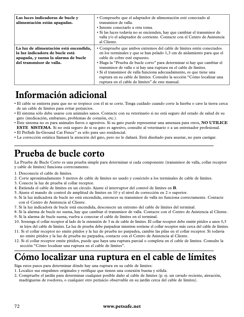 Información adicional, Prueba de bucle corto, Cómo localizar una ruptura en el cable de límites | Petsafe Deluxe In-Ground Cat Fence™ User Manual | Page 72 / 112