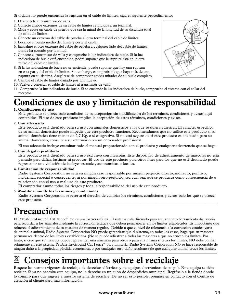 Condiciones de uso y limitación de responsabilidad, Precaución, Consejos importantes sobre el reciclaje | Petsafe Deluxe In-Ground Cat Fence™ User Manual | Page 73 / 112