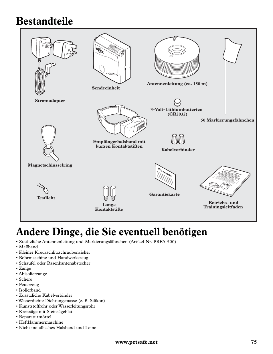 Bestandteile, Andere dinge, die sie eventuell benötigen | Petsafe Deluxe In-Ground Cat Fence™ User Manual | Page 75 / 112