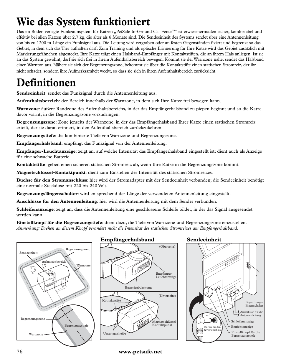 Wie das system funktioniert, Definitionen, Empfängerhalsband sendeeinheit | Petsafe Deluxe In-Ground Cat Fence™ User Manual | Page 76 / 112