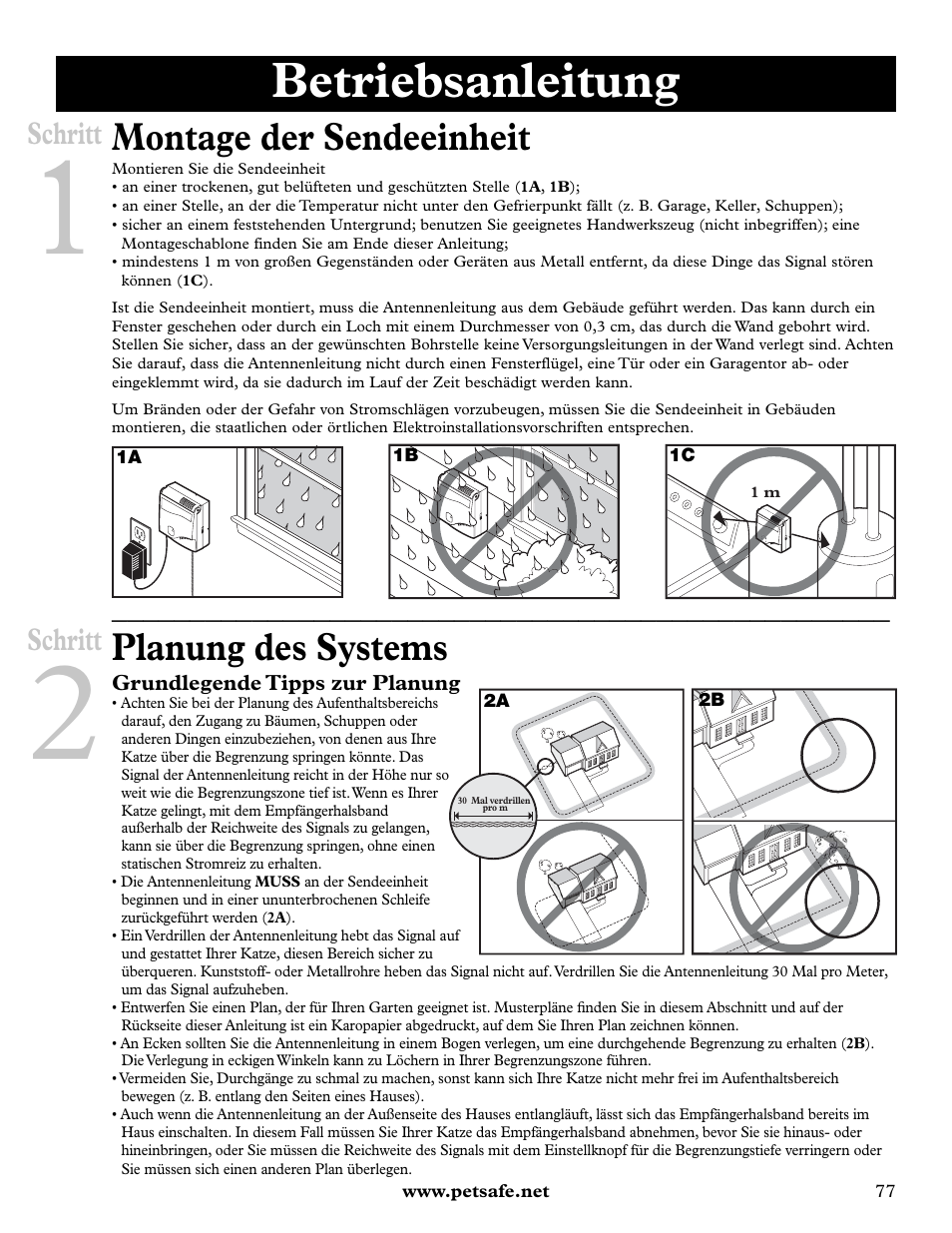 Betriebsanleitung, Montage der sendeeinheit, Planung des systems | Schritt | Petsafe Deluxe In-Ground Cat Fence™ User Manual | Page 77 / 112