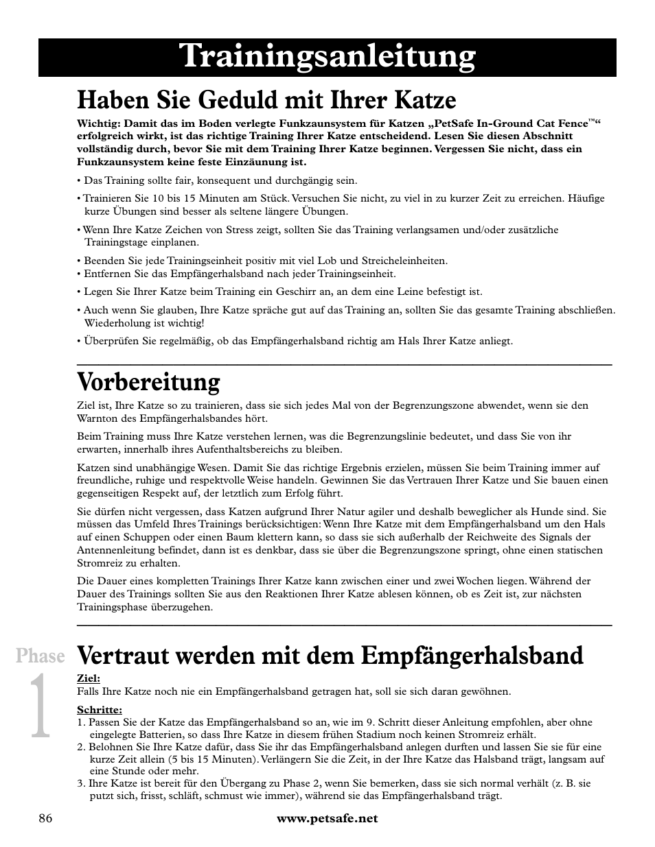 Trainingsanleitung, Haben sie geduld mit ihrer katze, Vorbereitung | Vertraut werden mit dem empfängerhalsband, Phase | Petsafe Deluxe In-Ground Cat Fence™ User Manual | Page 86 / 112