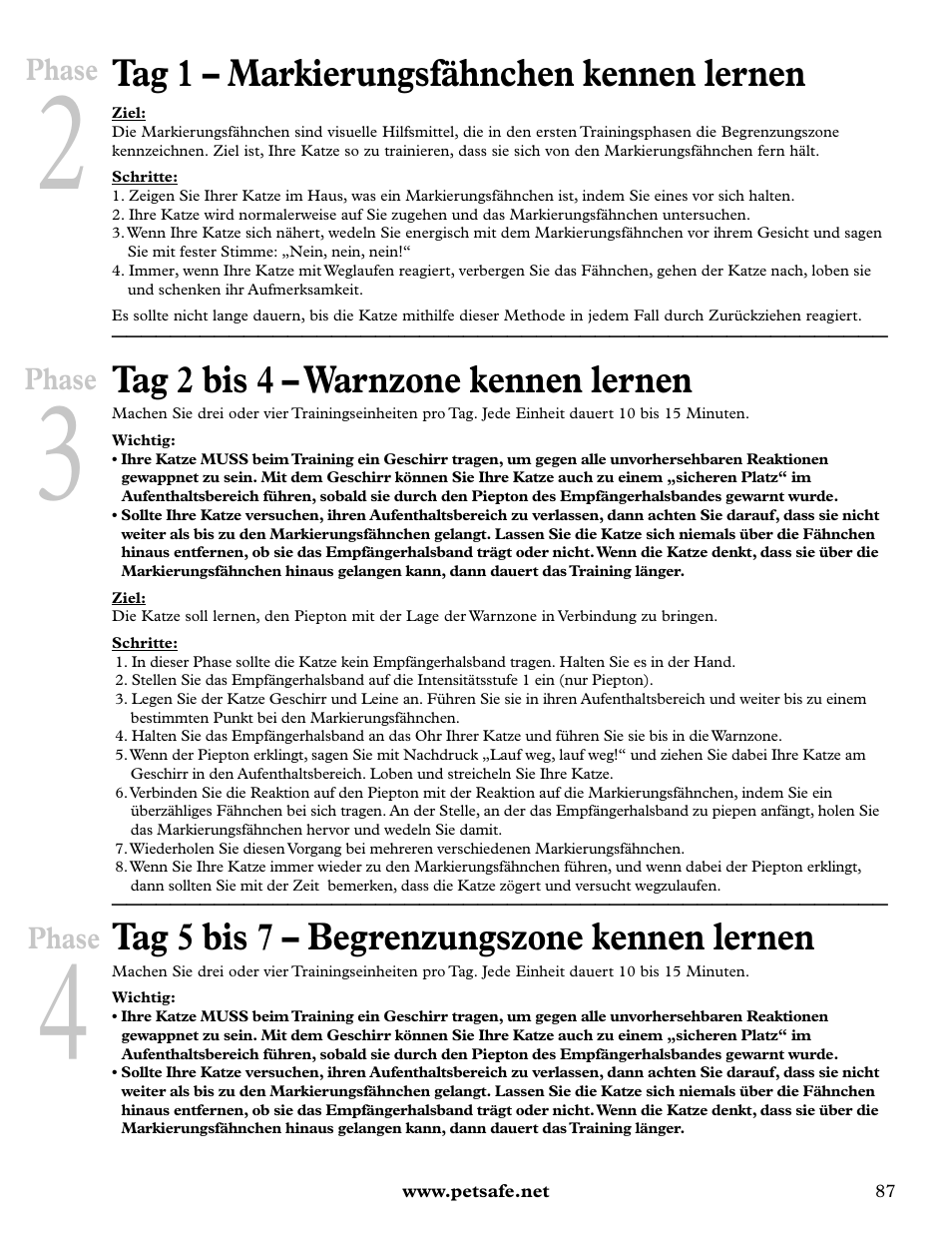 Tag 1 – markierungsfähnchen kennen lernen, Tag 2 bis 4 – warnzone kennen lernen, Tag 5 bis 7 – begrenzungszone kennen lernen | Petsafe Deluxe In-Ground Cat Fence™ User Manual | Page 87 / 112