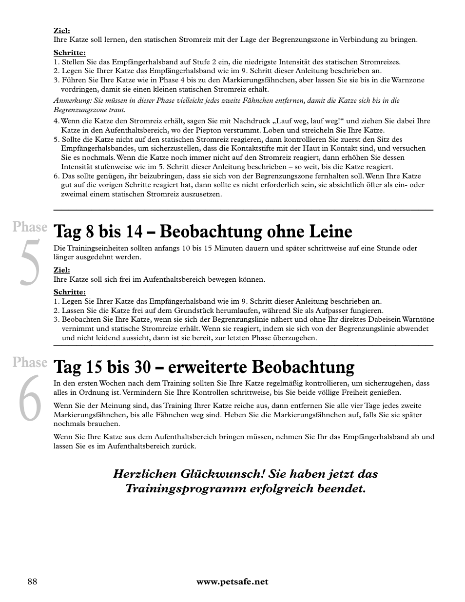Tag 8 bis 14 – beobachtung ohne leine, Tag 15 bis 30 – erweiterte beobachtung | Petsafe Deluxe In-Ground Cat Fence™ User Manual | Page 88 / 112