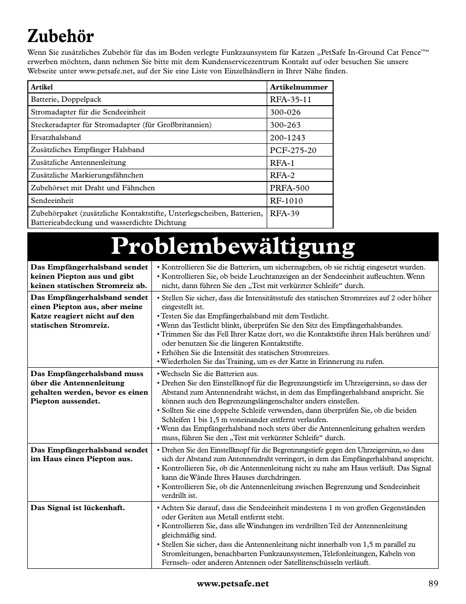 Problembewältigung, Zubehör | Petsafe Deluxe In-Ground Cat Fence™ User Manual | Page 89 / 112