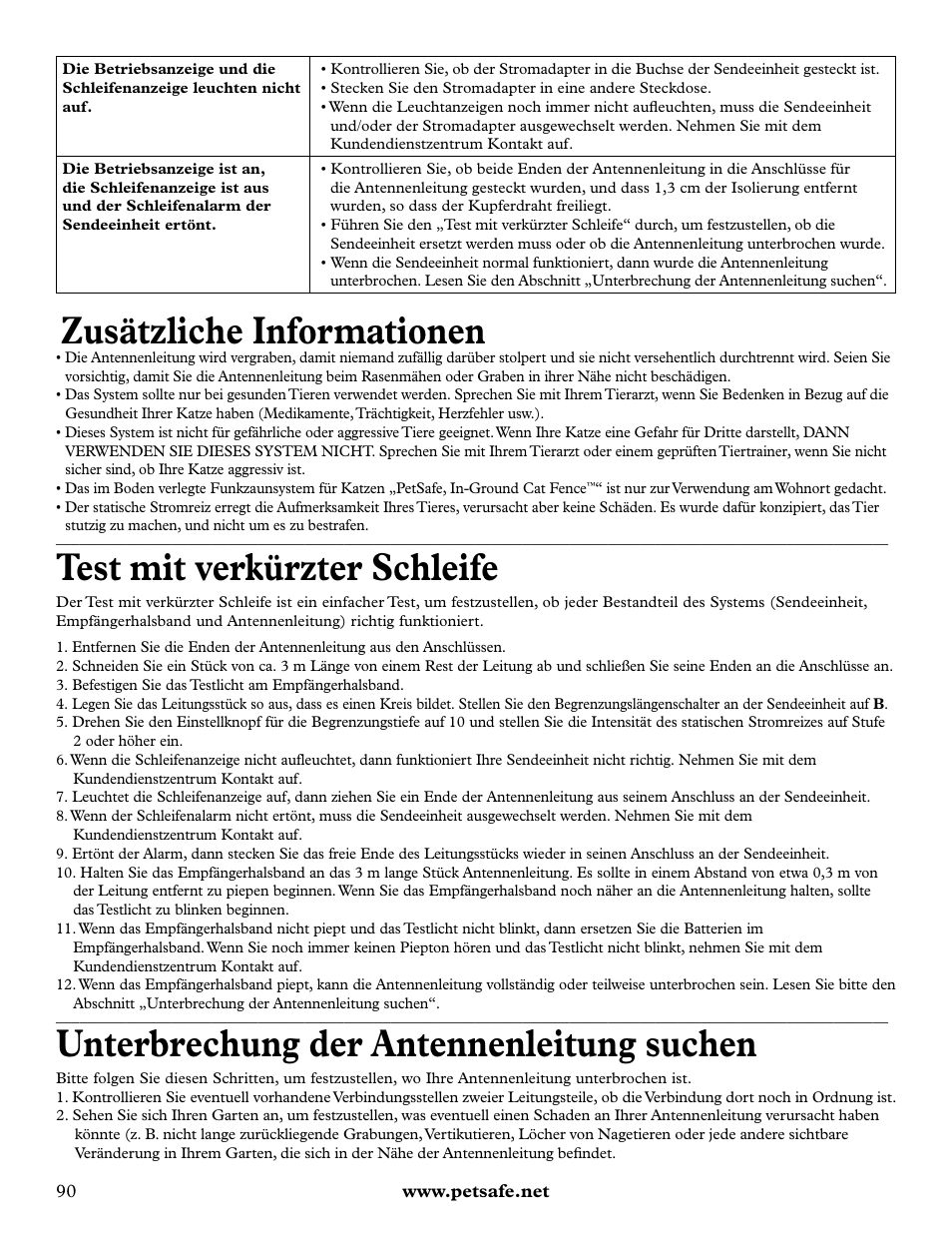 Zusätzliche informationen, Test mit verkürzter schleife, Unterbrechung der antennenleitung suchen | Petsafe Deluxe In-Ground Cat Fence™ User Manual | Page 90 / 112