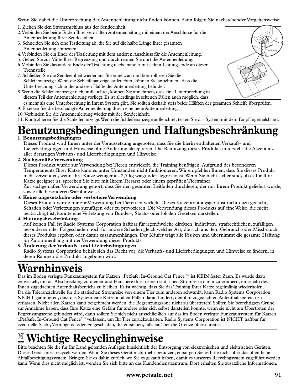 Benutzungsbedingungen und haftungsbeschränkung, Warnhinweis, Wichtige recyclinghinweise | Petsafe Deluxe In-Ground Cat Fence™ User Manual | Page 91 / 112