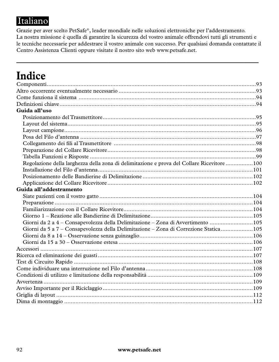 Indice, Italiano | Petsafe Deluxe In-Ground Cat Fence™ User Manual | Page 92 / 112