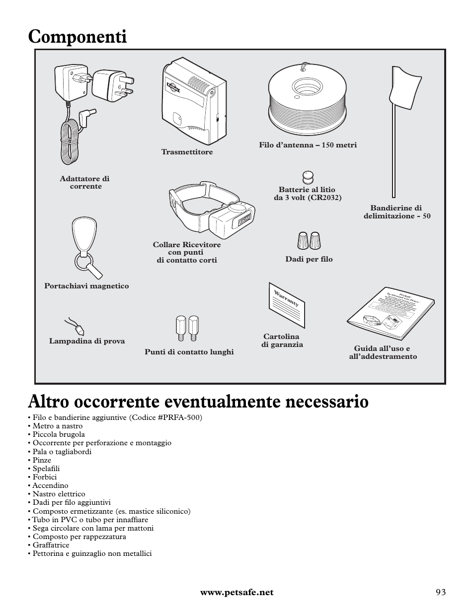 Componenti, Altro occorrente eventualmente necessario | Petsafe Deluxe In-Ground Cat Fence™ User Manual | Page 93 / 112