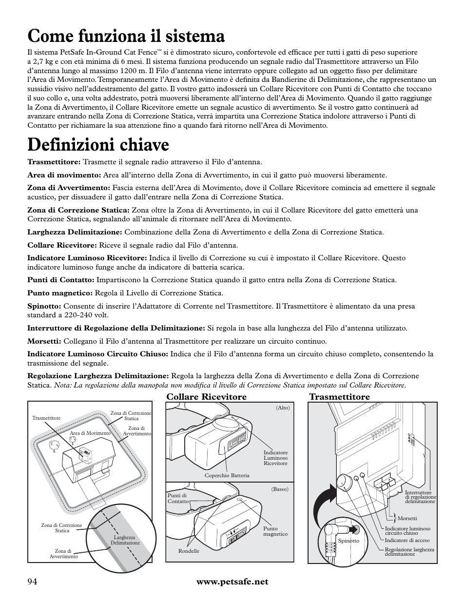 Come funziona il sistema, Definizioni chiave, Collare ricevitore trasmettitore | Petsafe Deluxe In-Ground Cat Fence™ User Manual | Page 94 / 112