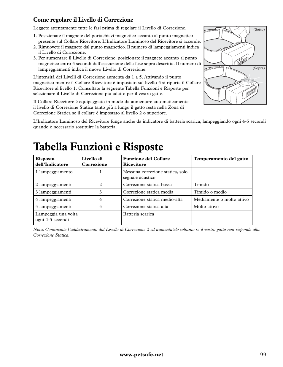 Tabella funzioni e risposte, Come regolare il livello di correzione | Petsafe Deluxe In-Ground Cat Fence™ User Manual | Page 99 / 112