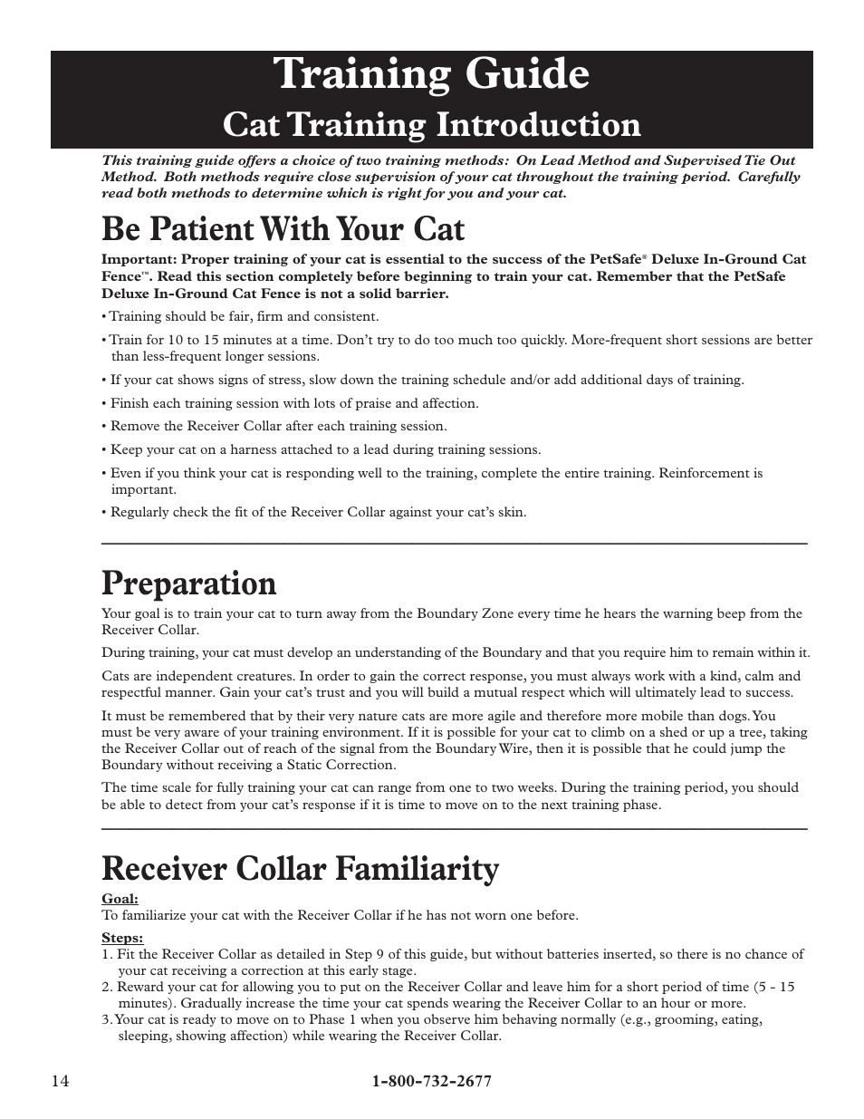 Training guide, Cat training introduction, Be patient with your cat | Preparation, Receiver collar familiarity | Petsafe Deluxe In-Ground Cat Fence™ User Manual | Page 14 / 24