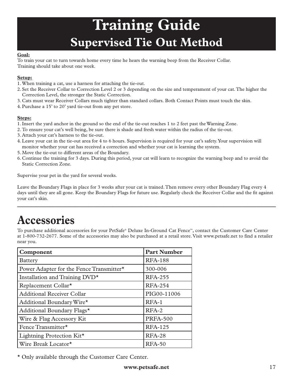 Training guide, Supervised tie out method, Accessories | Petsafe Deluxe In-Ground Cat Fence™ User Manual | Page 17 / 24