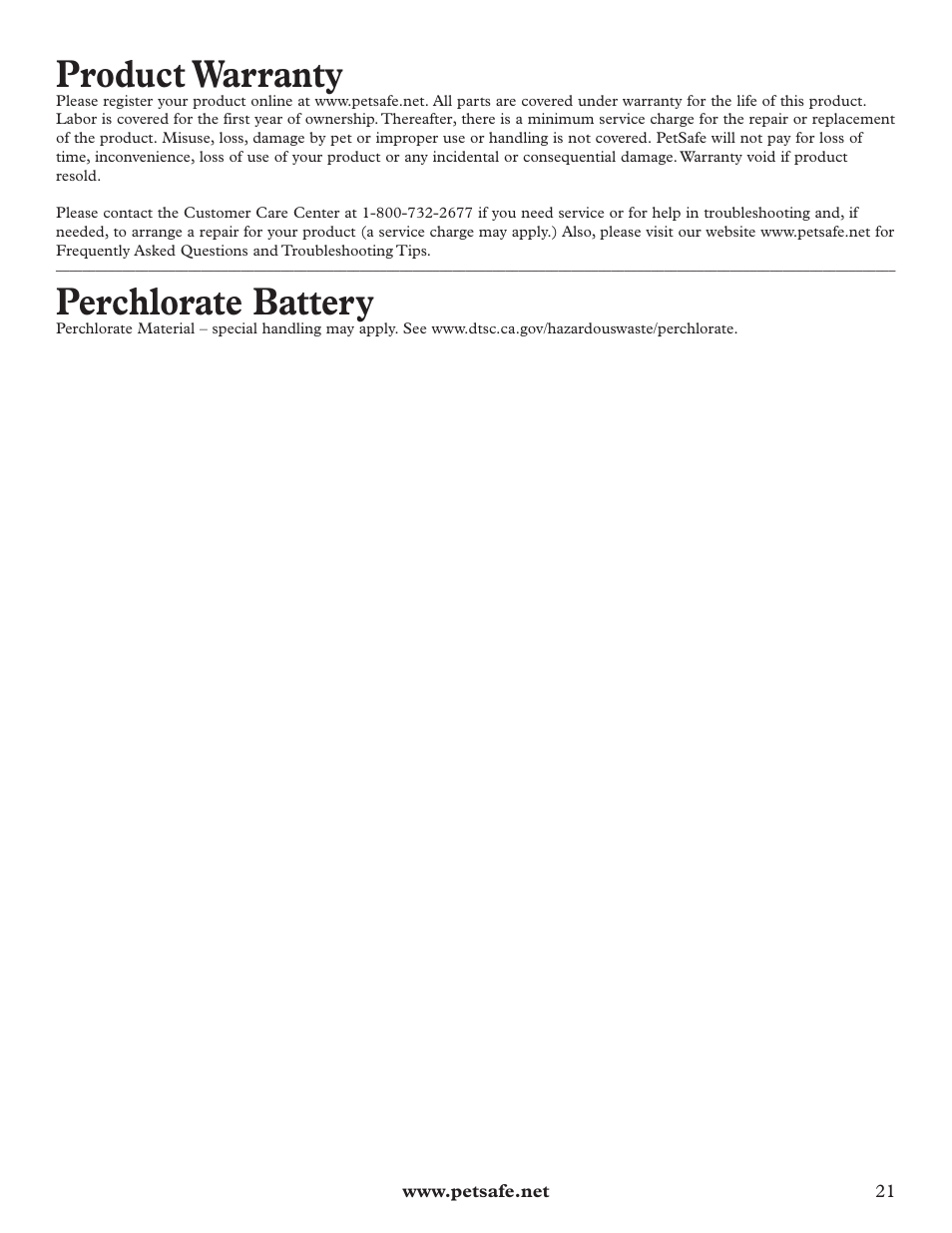 Product warranty, Perchlorate battery | Petsafe Deluxe In-Ground Cat Fence™ User Manual | Page 21 / 24