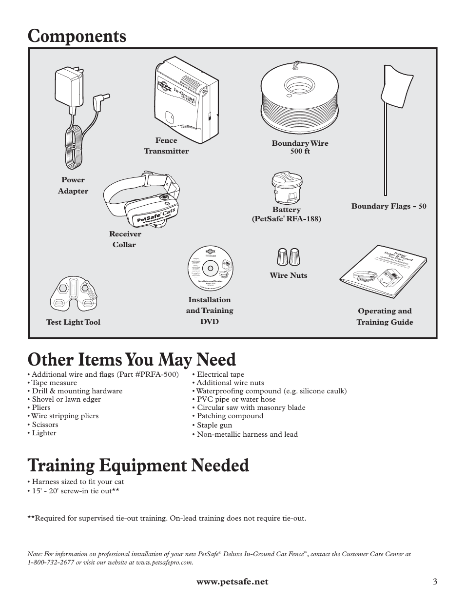 Components, Other items you may need, Training equipment needed | Rfa-188), Deluxe in-ground cat fence | Petsafe Deluxe In-Ground Cat Fence™ User Manual | Page 3 / 24