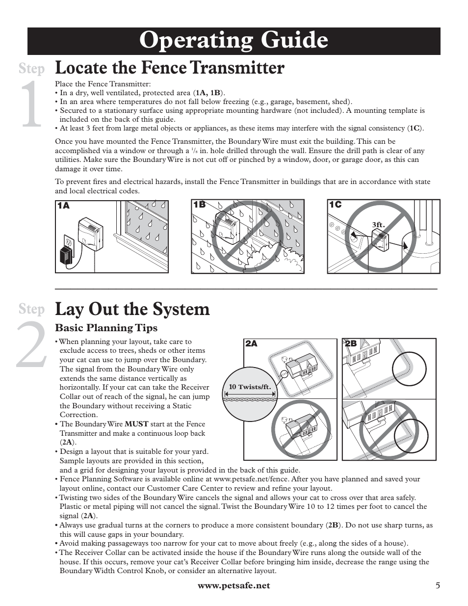 Operating guide, Locate the fence transmitter, Lay out the system | Step | Petsafe Deluxe In-Ground Cat Fence™ User Manual | Page 5 / 24