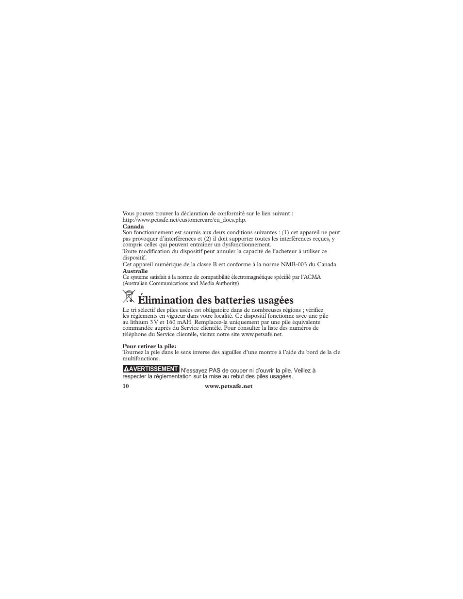 Élimination des batteries usagées | Petsafe Deluxe In-Ground Cat Fence™ Extra Receiver Collar User Manual | Page 10 / 32
