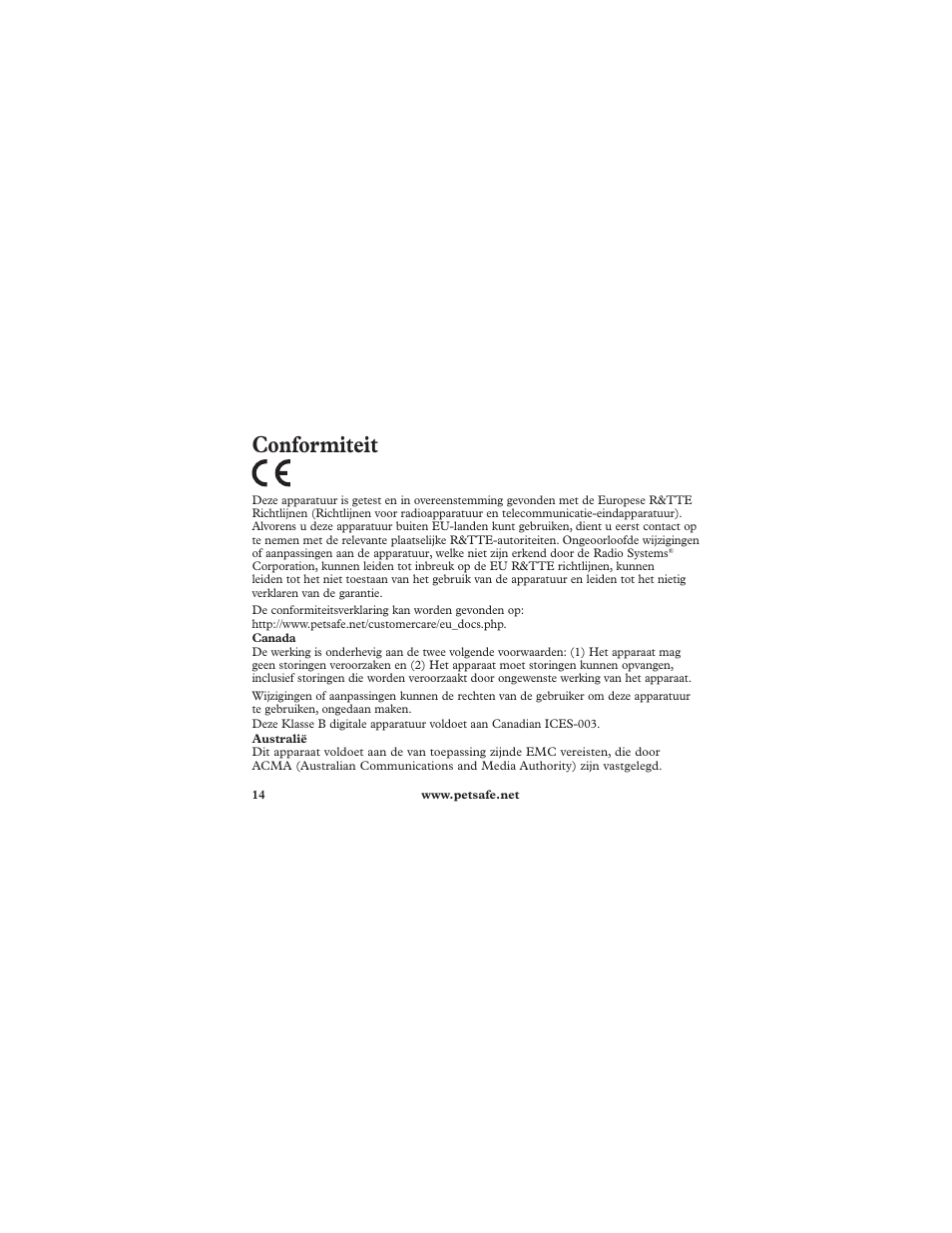 Conformiteit | Petsafe Deluxe In-Ground Cat Fence™ Extra Receiver Collar User Manual | Page 14 / 32