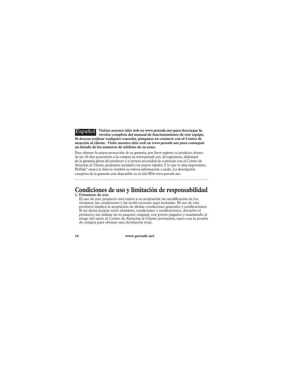 Condiciones de uso y limitación de responsabilidad, Español | Petsafe Deluxe In-Ground Cat Fence™ Extra Receiver Collar User Manual | Page 16 / 32