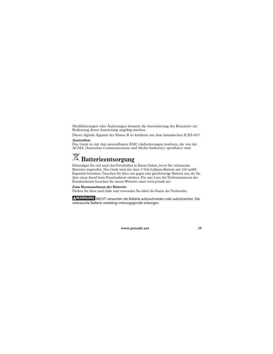 Batterieentsorgung | Petsafe Deluxe In-Ground Cat Fence™ Extra Receiver Collar User Manual | Page 29 / 32